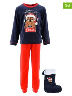 2tlg. Set: Pyjama Und Weihnachtsstrumpf "Paw Patrol" In Dunkelblau/ Rot