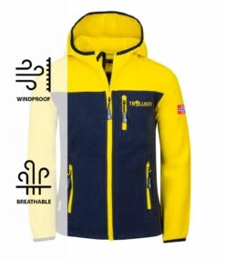 TROLLKIDS Fleece-Jacke Mit Kapuze "Stavanger" In Trübes Gelb/Marineblau -Trendiges Bekleidungsgeschäft trollkids fleece jacke mit kapuze stavanger in trubes gelb marineblau 2